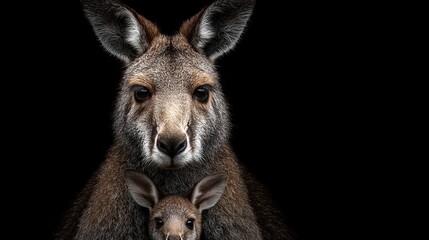 Fototapeta premium A portrait of a large marsupial with its joey against a stark black background, evoking intimacy