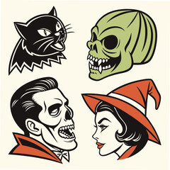 Retro halloween characters including a black cat zombie vampire and witch