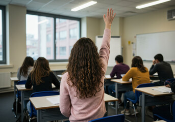 Student Raises Hand in Modern Classroom During Lesson Engagement