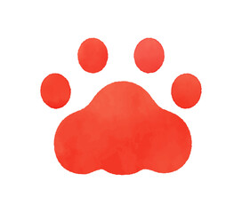 手描きの赤い猫の肉球アイコン - シンプルでかわいいスタンプのような動物の足跡の水彩風イラスト素材
