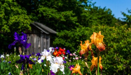 Colorful irises bloom around a rustic shed