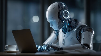 Fototapeta premium Robot working on laptop at night