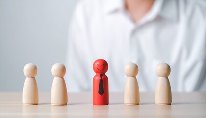 Red pegman among wooden figures representing team roles