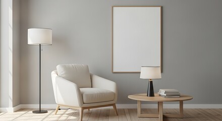Fototapeta premium Neutral Living Room with Empty Frame and Modern Furnishings