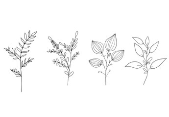 Botanical Line Art Set of Hand-Drawn Floral Elements Vector. Simple Black and White Leaf and Plant Illustrations for Organic, Nature-Inspired Designs.