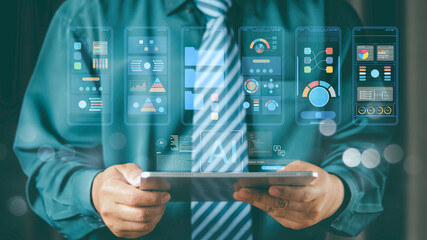 Businessman using digital tablet with futuristic AI data analytics dashboard, financial charts, and mobile interface technology for big data analysis and business strategy.