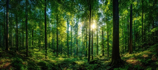 Fototapeta premium Lush green forest with sunlight filtering through tall trees (1)