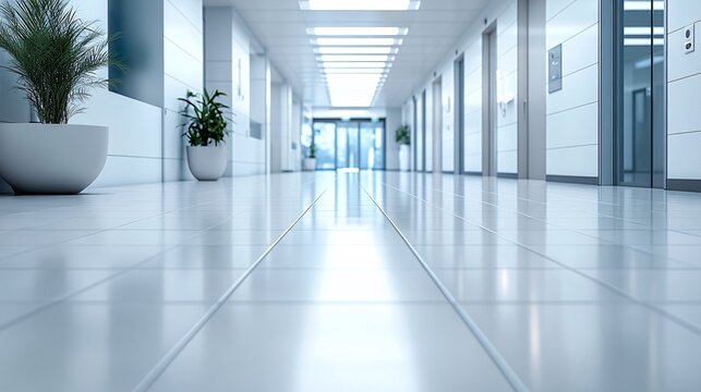 A pristine and brightly lit modern hospital corridor viewed from a low angle, showcasing a sterile and futuristic interior with reflective floors