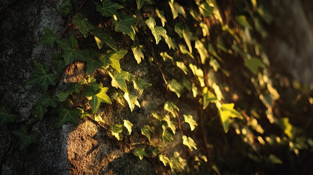 Sun-kissed ivy climbs a textured stone wall, casting warm golden light on lush green leaves - Powered by Adobe