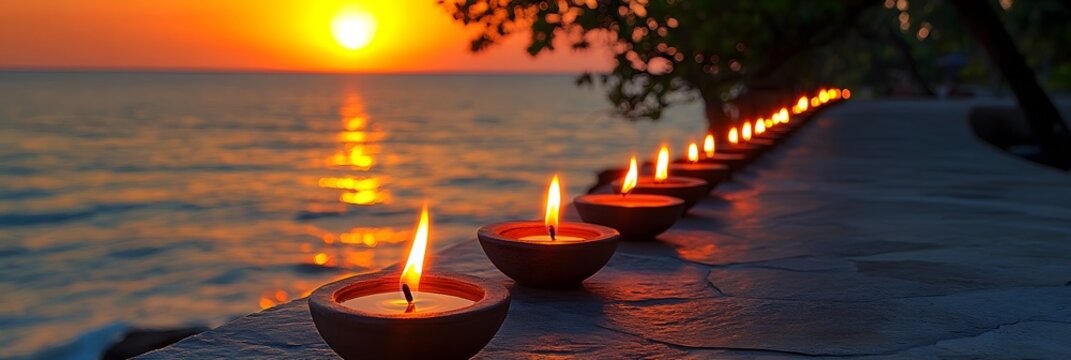Sunset over ocean with glowing candles lining the shore creating a tranquil atmosphere