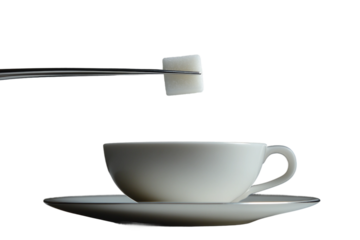 Single sugar cube poised above cup with metal tongs isolated on transparent background