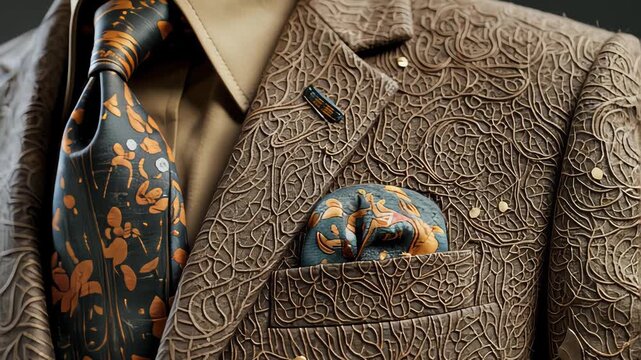 Elegantly Crafted Suit with Intricate Embroidery and Patterned Tie and Pocket Square Details
