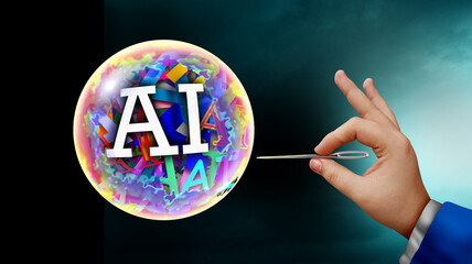 AI Bubble risk and Economic technology bubbles fear and Artificial intelligence overhyped Stock market speculation and overvalued technologies economy as inflated speculative valuation of Tech.