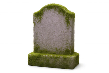 Old blank tombstone covered with moss isolated on transparent background, perfect for halloween projects