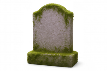 Old blank tombstone covered with moss isolated on transparent background, perfect for halloween projects