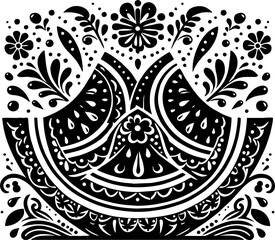 Watermelon Solid Black Color Vector Silhouette in Traditional Mexican Art Style
