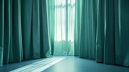 An empty theatrical stage with long, elegant teal curtains parted to reveal a bright window, with a sunbeam creating a spotlight on the floor
