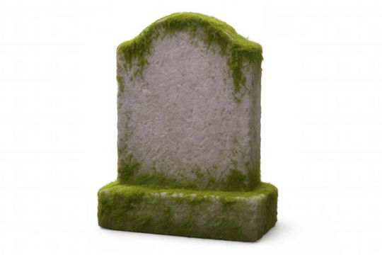 Old blank tombstone covered with moss isolated on transparent background, perfect for halloween projects
