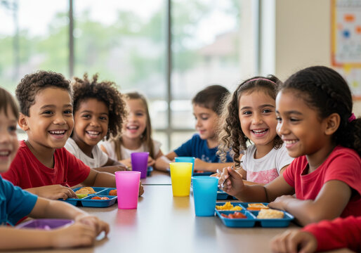 Diverse group of happy elementary school children eating lunch together at a table