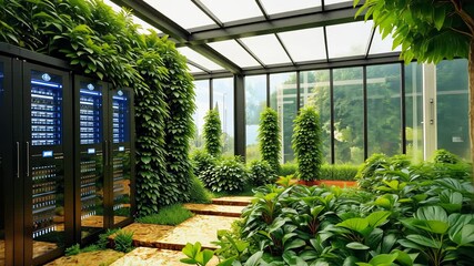 Lush Green Data Center Integrating Advanced Technology with Sustainable Eco-Friendly Indoor Vertical Garden Environment - Powered by Adobe