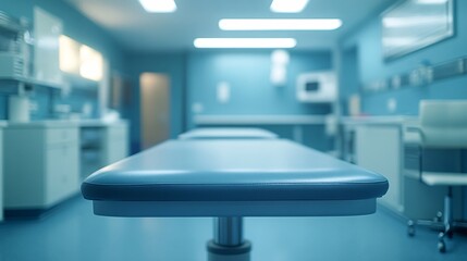 Close-up of an empty gurney in a brightly lit, sterile medical procedure room, a modern healthcare concept