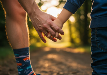 A Father and Son Walk Together Holding Hands in the Warm Sunlight