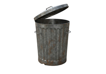 Isolated Old Rusty Metal Trash Can with an Open Lid