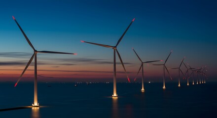 Fototapeta premium Illuminated Offshore Wind Farm at Twilight: A Vision of Renewable Energy