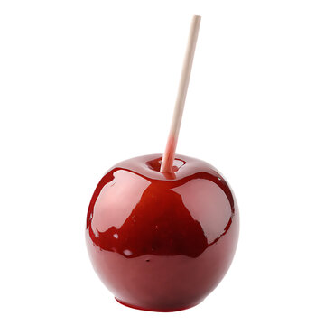 Glossy Red Candy Apple on a Wooden Stick caramel apple fruit isolated on a transparent background