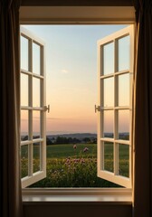 Open window, sunrise view of fields