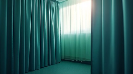 Sunlight streams through a sheer window curtain, illuminating an empty room with heavy teal drapes