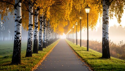 Fototapeta premium Walking Path Lined with Autumnal Trees and Lights in Foggy Park