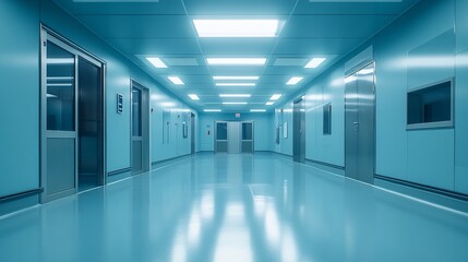 Obraz premium Futuristic and sterile blue-toned hallway in a modern medical facility or scientific research laboratory interior