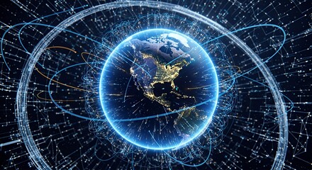 Global Network Connection with Digital Earth Globe and Glowing Data Flow