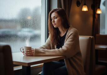 A thoughtful young woman sitting alone in a cafe, looking out the window on a rainy day.