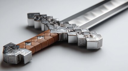 A close-up reveals a stylized sword, its hilt and crossguard constructed from angular, metallic, block-like components, reminiscent of pixel art, wrapped in 