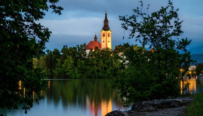 Fototapeta premium Lakeside church at dusk