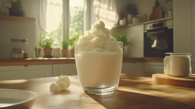 Frothy, creamy beverage in a glass on a kitchen countertop