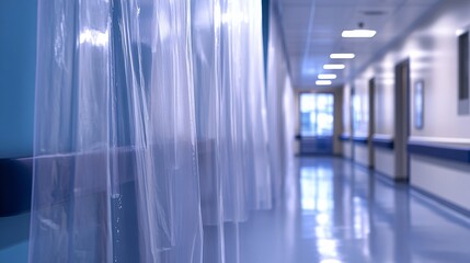 Blurred perspective of a long, empty hospital hallway with a transparent plastic curtain, symbolizing patient care and the clinical journey