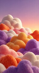 Fluffy, colorful clouds in a gradient of pastel hues against a vibrant sunset