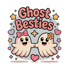 Ghost besties pastel style with two hugging spirits and sparkles, adorable Halloween design for sticker, greeting card, kids apparel vector