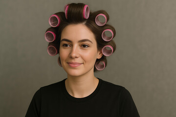 Stylish woman wearing hair rollers while preparing for special occasion
