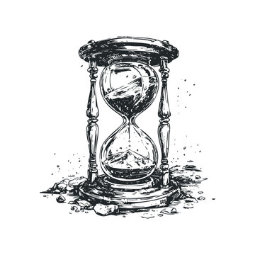 Ink drawing of an hourglass with sand flowing and mountainous landscape inside