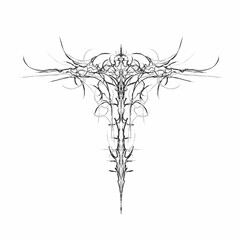 Abstract Neo Tribal Cyber Sigilism design, hand drawn symmetrical lines forming cross vector illustration isolated on white background. For tattoo, streetwear t-shirt print elements