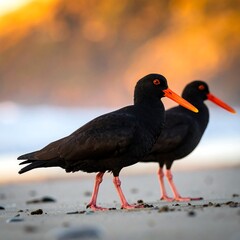 Two black birds on beach at sunrise