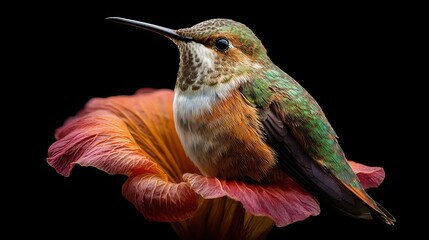 Hummingbird perched elegantly on vibrant orange flower petals against black backdrop