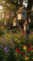 Enchanting Garden with Rustic Birdhouses, Colorful Wildflowers, and Butterflies in Golden Sunlight