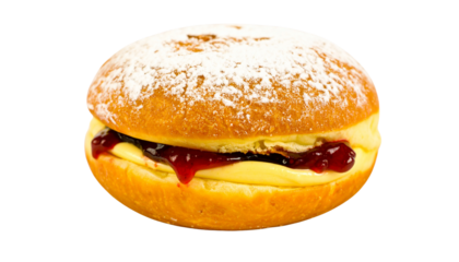 Jam filled donut dusted with powdered sugar on a black background doughnut jelly isolated on solid white background