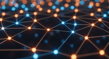 Abstract glowing network of blue and orange nodes connected by lines, representing technology and data