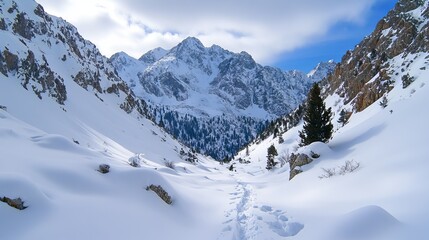 Snowy mountain valley; path through pristine winter landscape